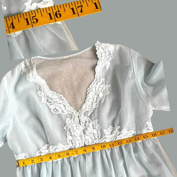 Vintage Blue Chiffon Tulle Lace Robe Double Layer Lingerie - Picture 9 of 9